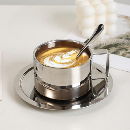 Modern Stainless Steel Coffee Cup and Saucer Set with Double-Wall Insulation