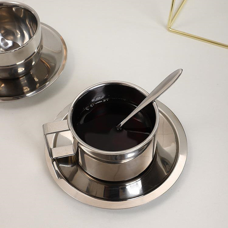Modern Stainless Steel Coffee Cup and Saucer Set with Double-Wall Insulation