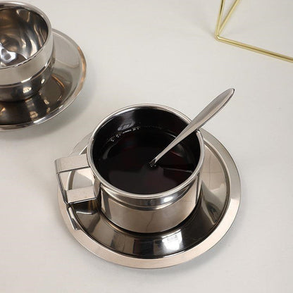 Modern Stainless Steel Coffee Cup and Saucer Set with Double-Wall Insulation