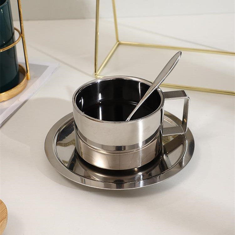 Modern Stainless Steel Coffee Cup and Saucer Set with Double-Wall Insulation