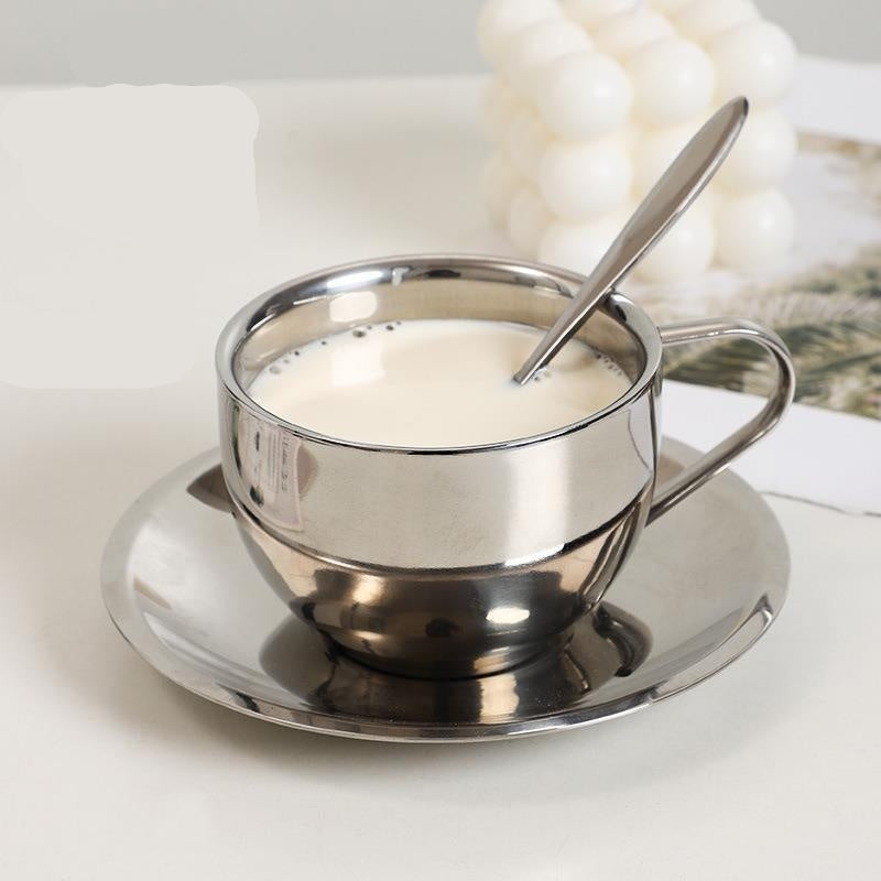 Modern Stainless Steel Coffee Cup and Saucer Set with Double-Wall Insulation