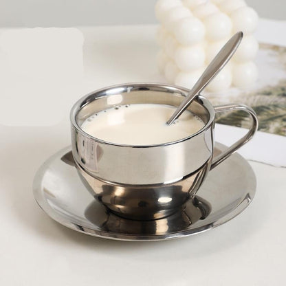 Modern Stainless Steel Coffee Cup and Saucer Set with Double-Wall Insulation