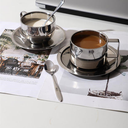 Modern Stainless Steel Coffee Cup and Saucer Set with Double-Wall Insulation