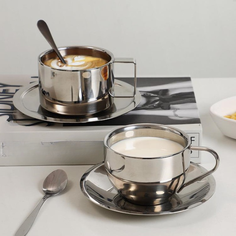 Modern Stainless Steel Coffee Cup and Saucer Set with Double-Wall Insulation