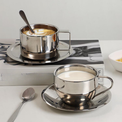 Modern Stainless Steel Coffee Cup and Saucer Set with Double-Wall Insulation
