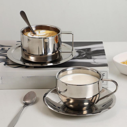 Modern Stainless Steel Coffee Cup and Saucer Set with Double-Wall Insulation