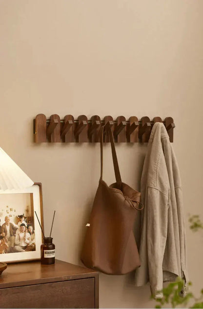 Modern Walnut Wood Wall Coat Rack with Foldable Hooks