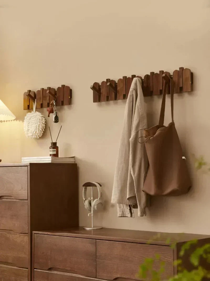 Modern Walnut Wood Wall Coat Rack with Foldable Hooks
