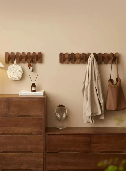 Modern Walnut Wood Wall Coat Rack with Foldable Hooks