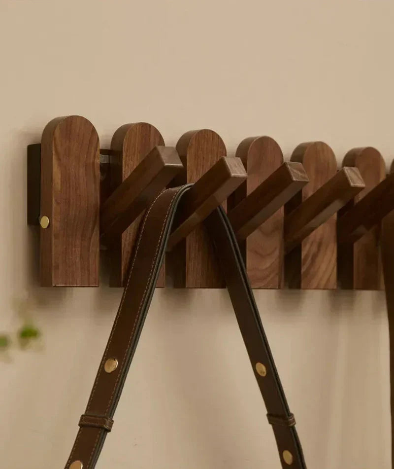Modern Walnut Wood Wall Coat Rack with Foldable Hooks