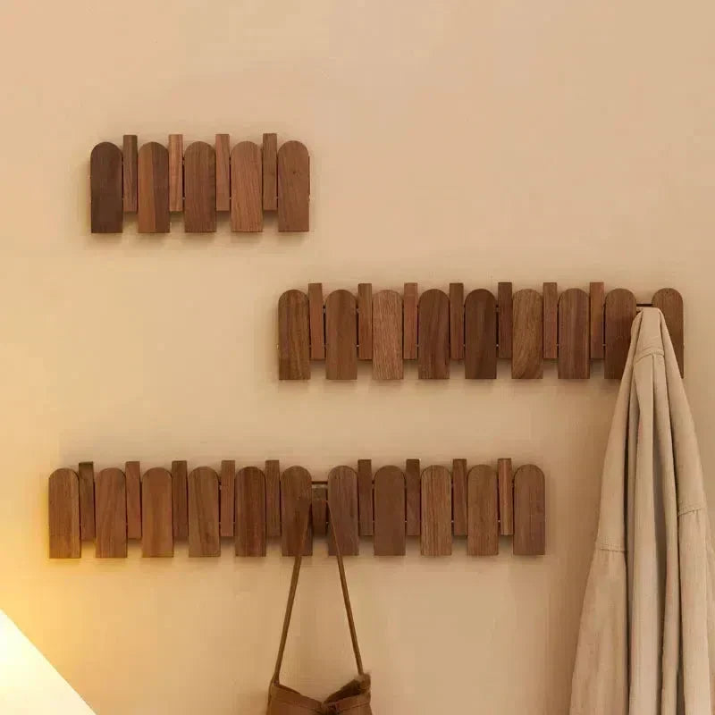 Modern Walnut Wood Wall Coat Rack with Foldable Hooks