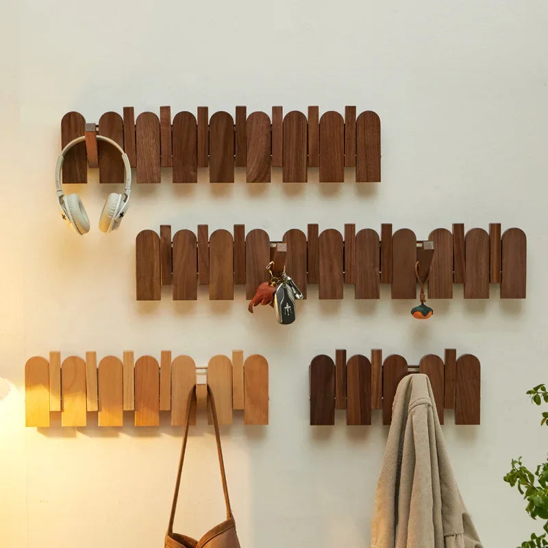 Modern Walnut Wood Wall Coat Rack with Foldable Hooks