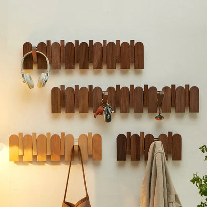 Modern Walnut Wood Wall Coat Rack with Foldable Hooks