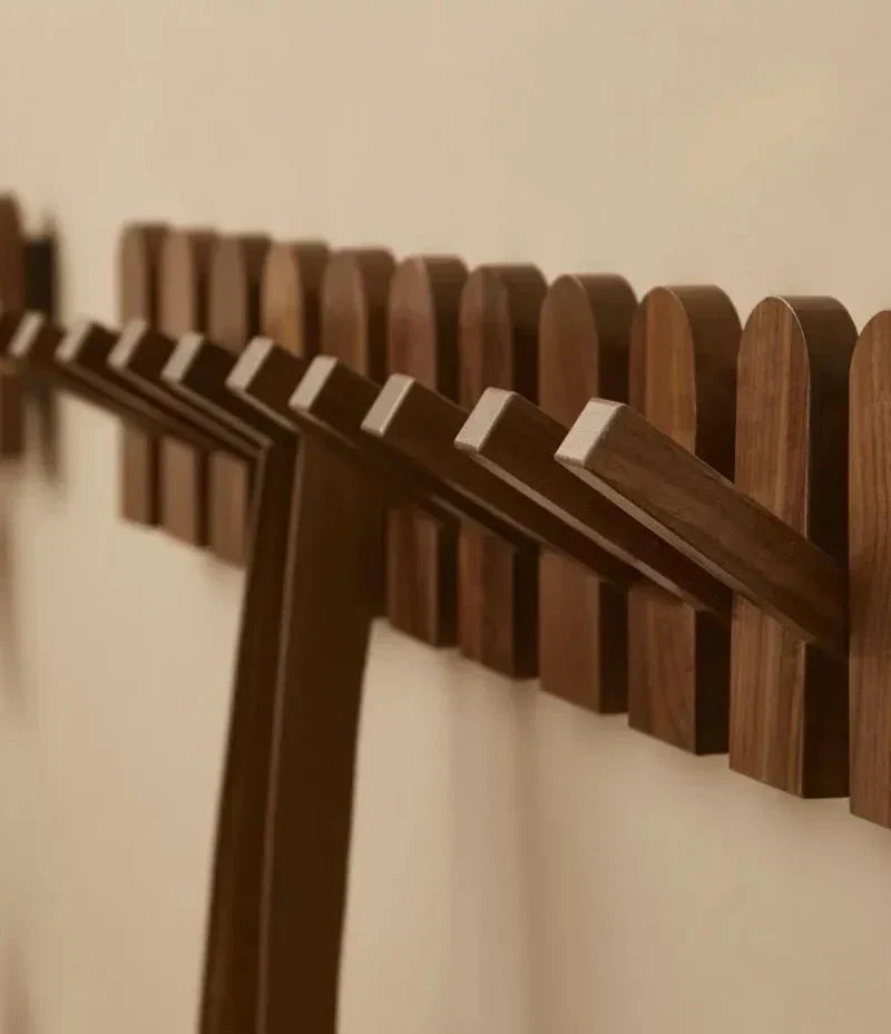 Modern Walnut Wood Wall Coat Rack with Foldable Hooks