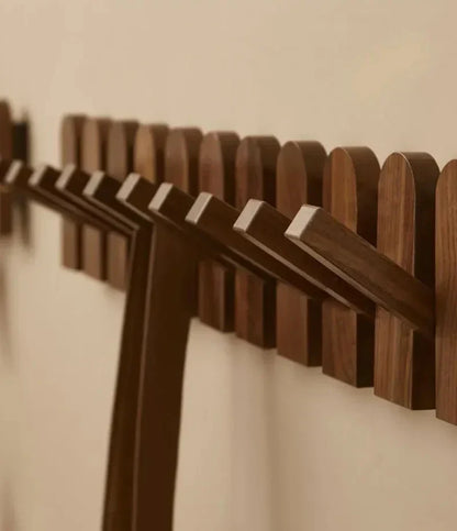 Modern Walnut Wood Wall Coat Rack with Foldable Hooks