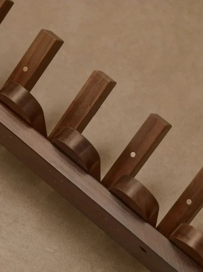 Modern Walnut Wood Wall Coat Rack with Foldable Hooks
