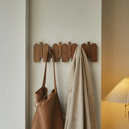 Modern Walnut Wood Wall Coat Rack with Foldable Hooks