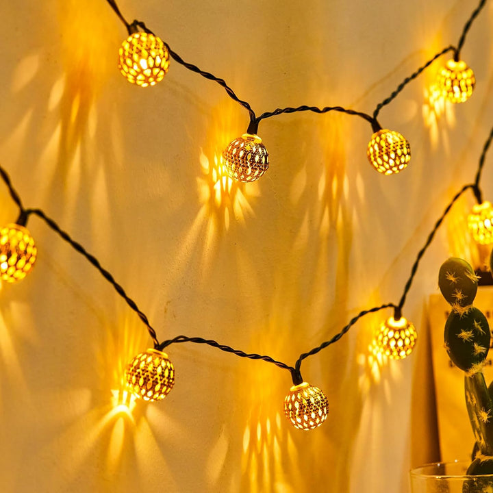 Moroccan Solar String Lights with Stainless Steel Outdoor Design