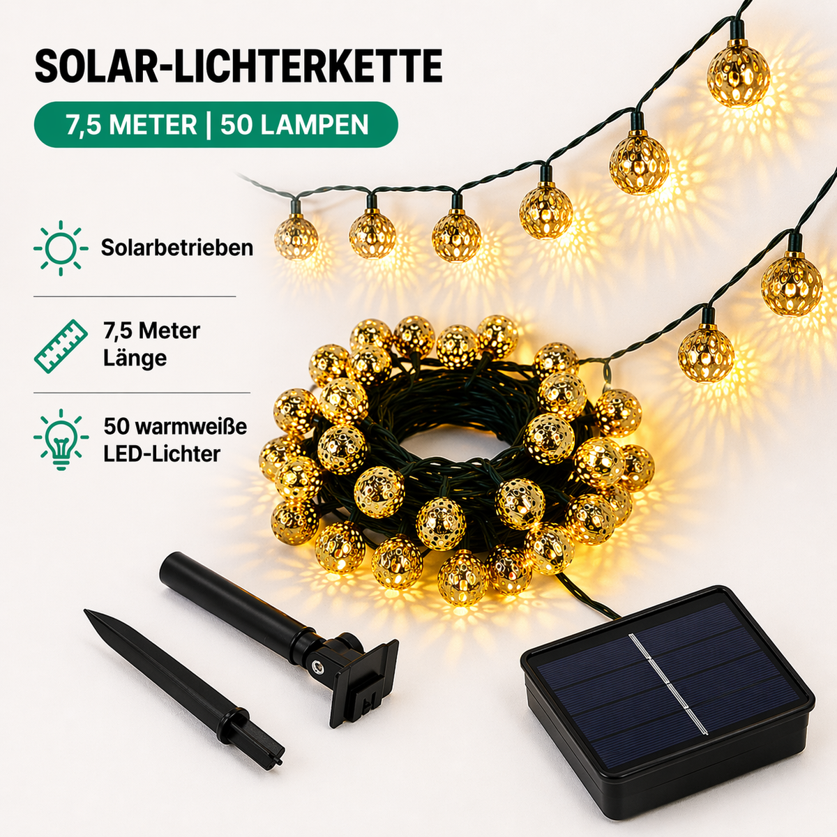 Moroccan Solar String Lights with Stainless Steel Outdoor Design