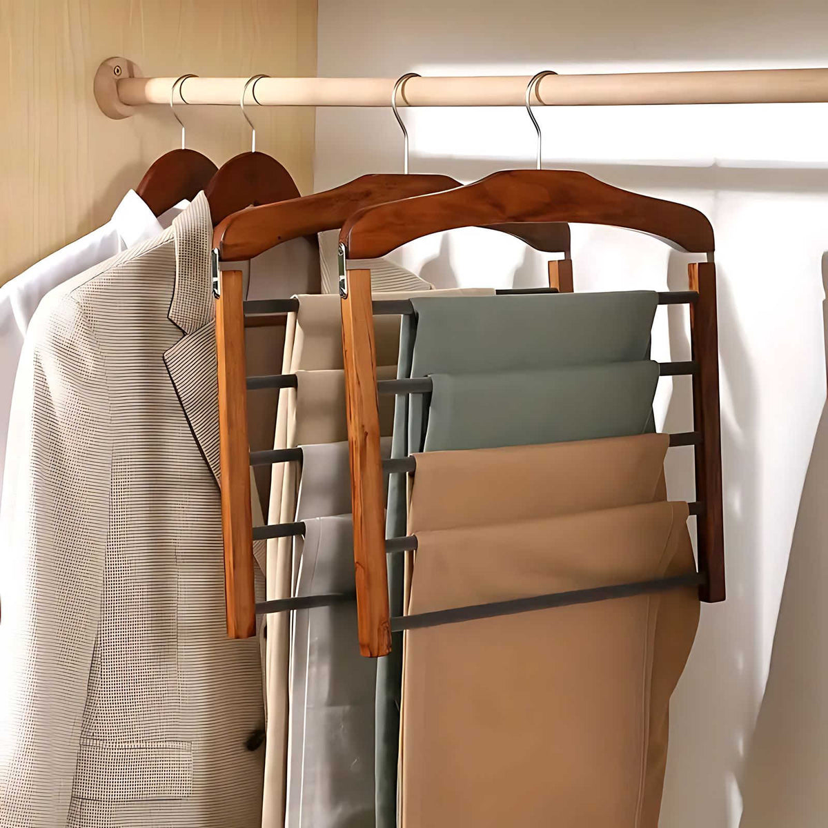 Multi-Tier Wooden and Metal Clothes Hanger for Space-Saving Wardrobe Organisation