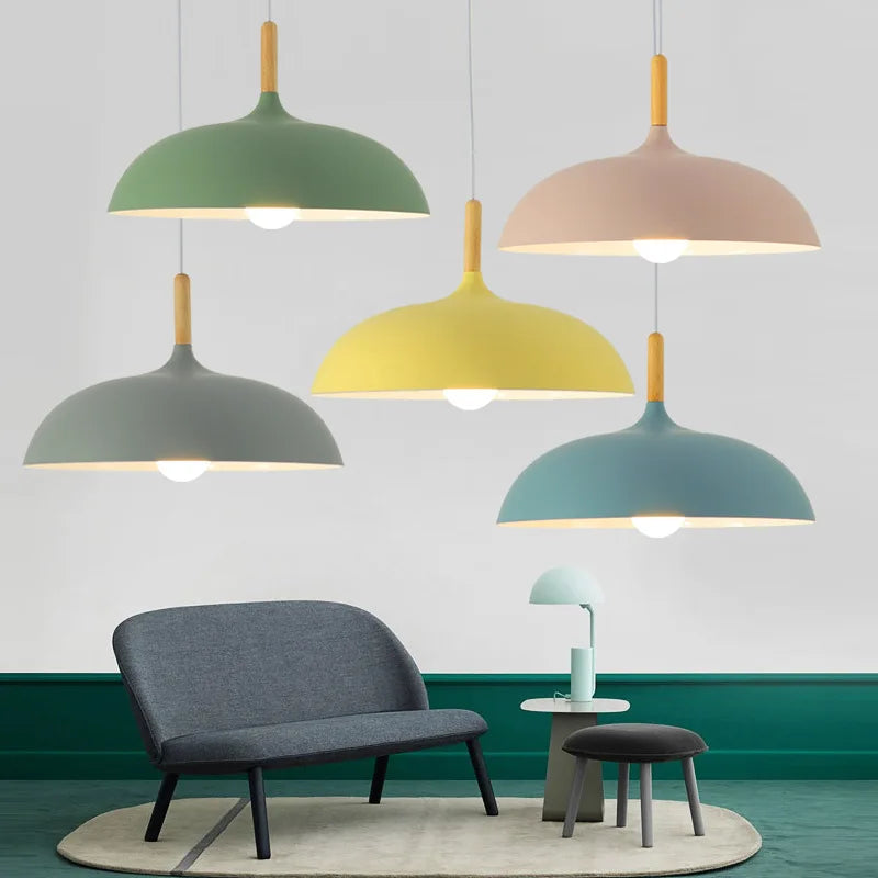 Nordic Style Oak Ceiling Light with E27 LED and Adjustable Hanging Cord