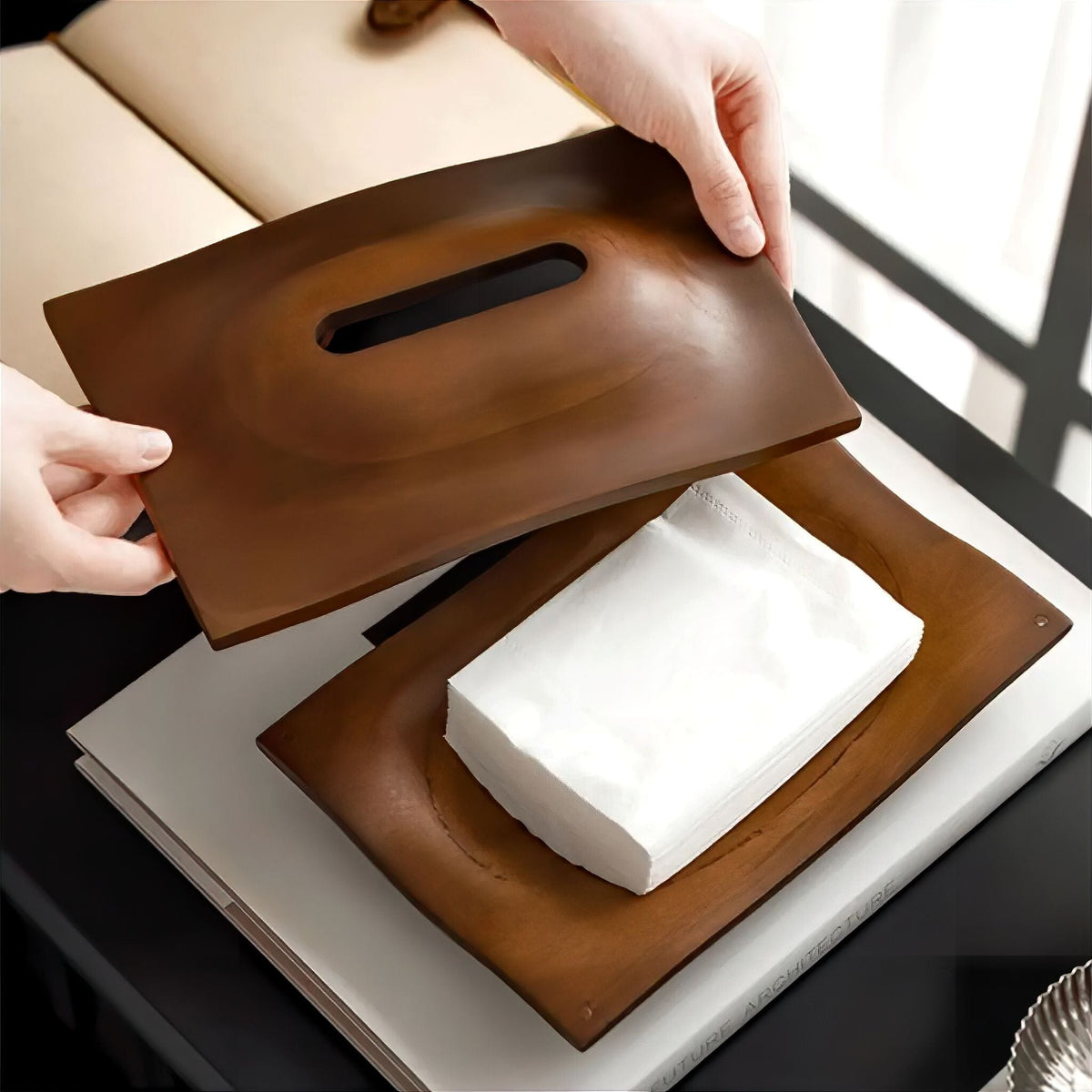 Organic Wave Tissue Box Cover in Warm Brown Resin