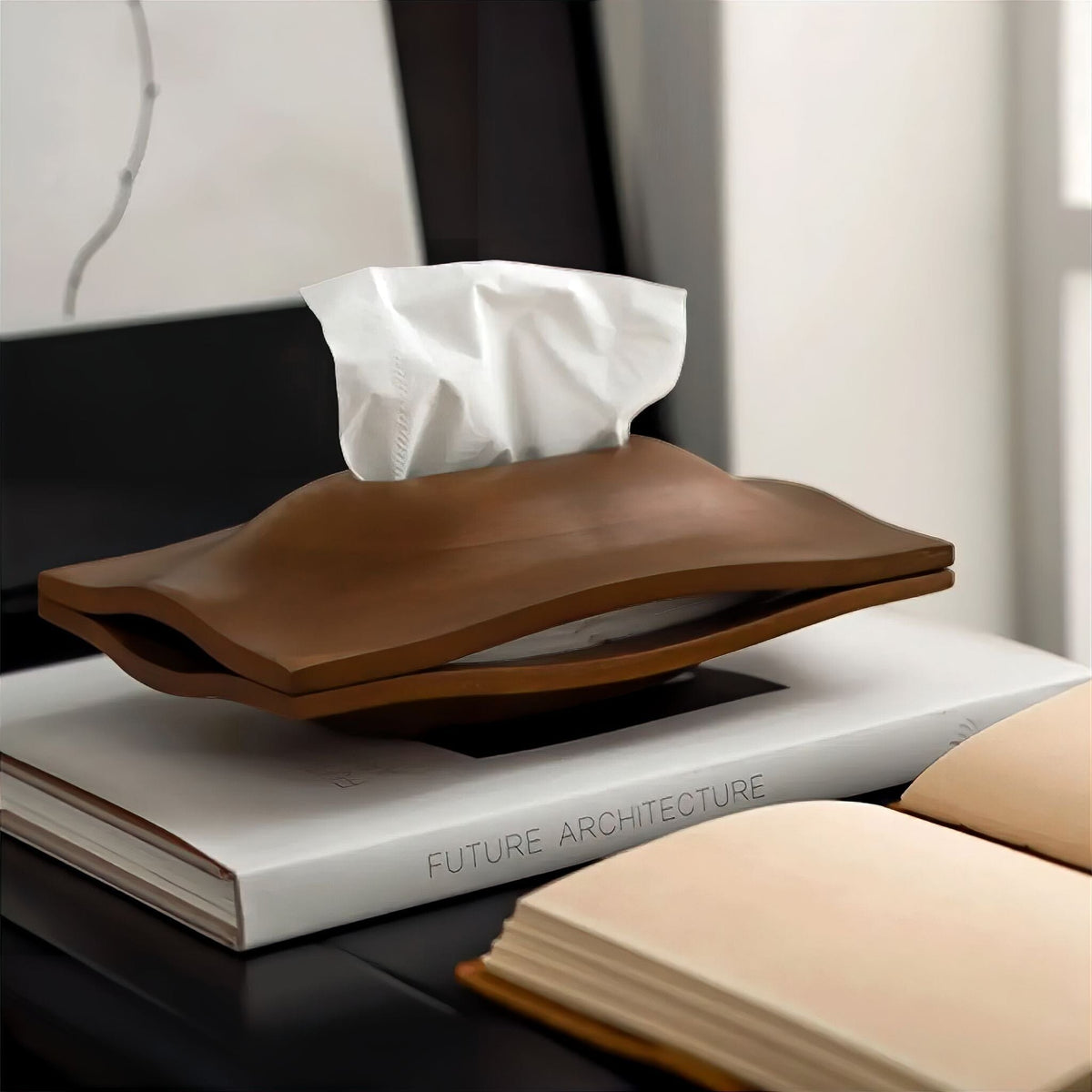 Organic Wave Tissue Box Cover in Warm Brown Resin