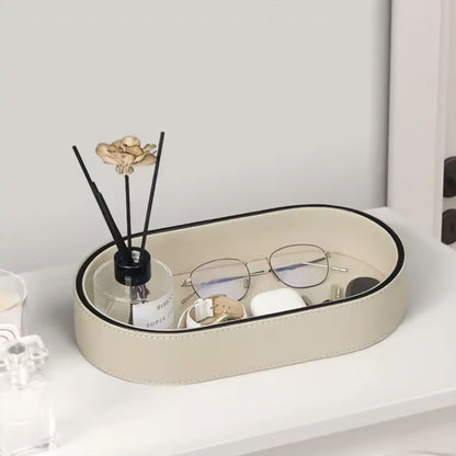 PU Leather Oval Organizer Tray with Black Edge for Desk and Nightstand