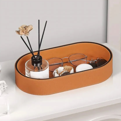 PU Leather Oval Organizer Tray with Black Edge for Desk and Nightstand