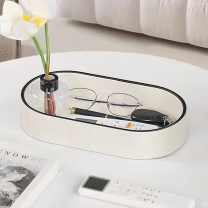 PU Leather Oval Organizer Tray with Black Edge for Desk and Nightstand
