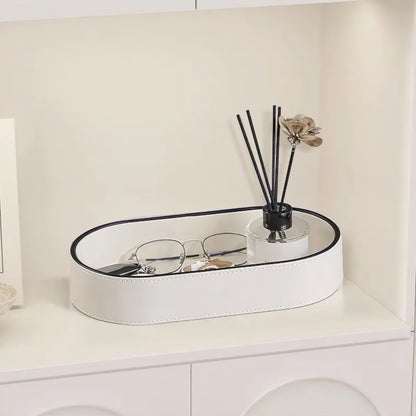 PU Leather Oval Organizer Tray with Black Edge for Desk and Nightstand