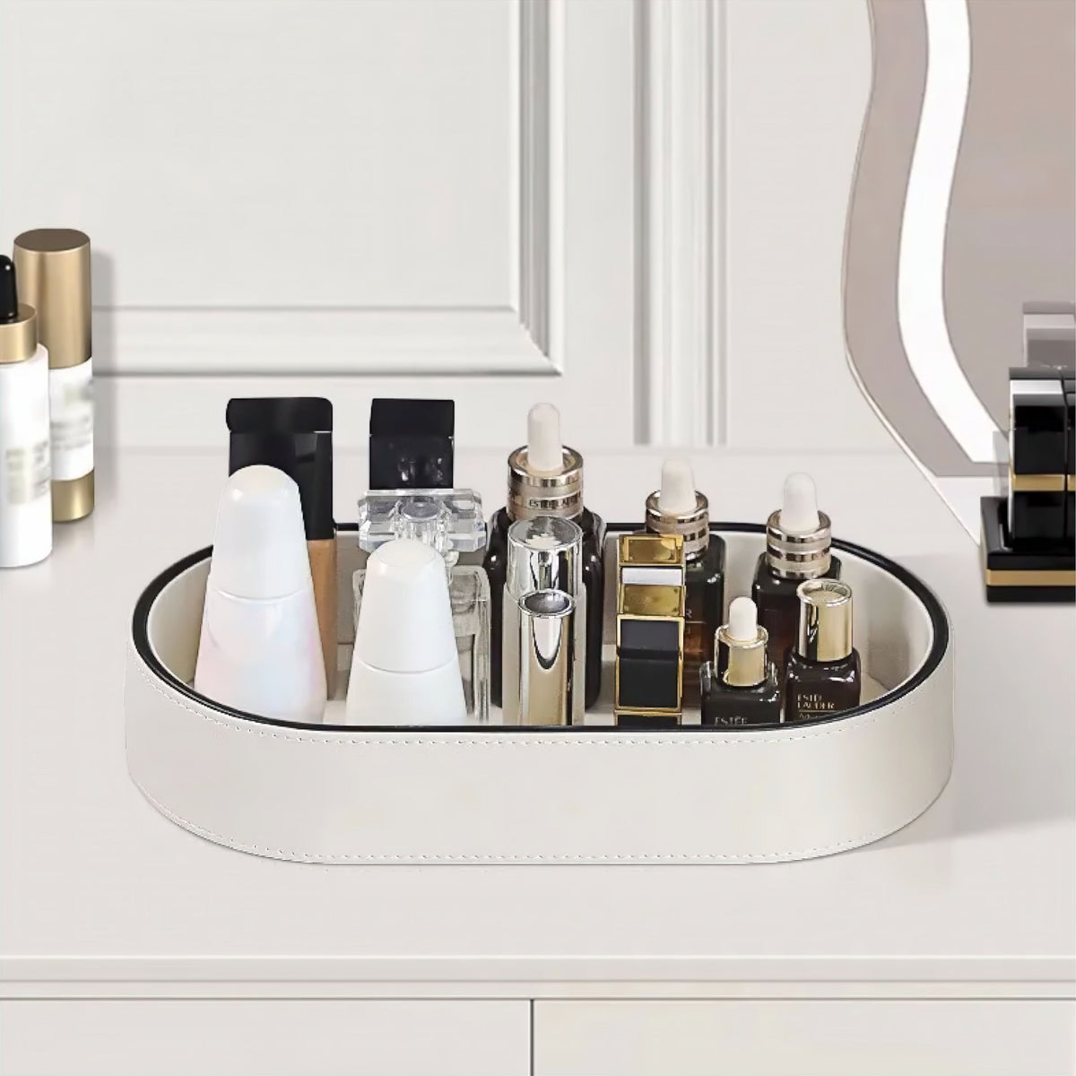 PU Leather Oval Organizer Tray with Black Edge for Desk and Nightstand