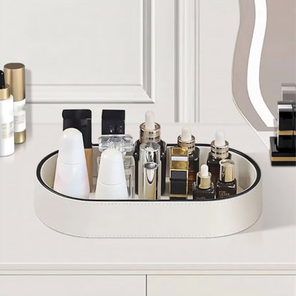 PU Leather Oval Organizer Tray with Black Edge for Desk and Nightstand