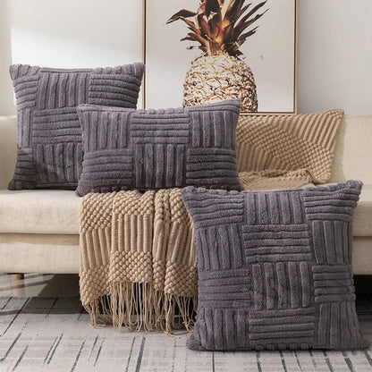 Plush Cushion Cover with Geometric Woven Pattern for Sofa and Bed