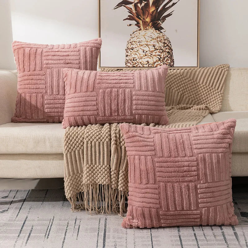 Plush Cushion Cover with Geometric Woven Pattern for Sofa and Bed