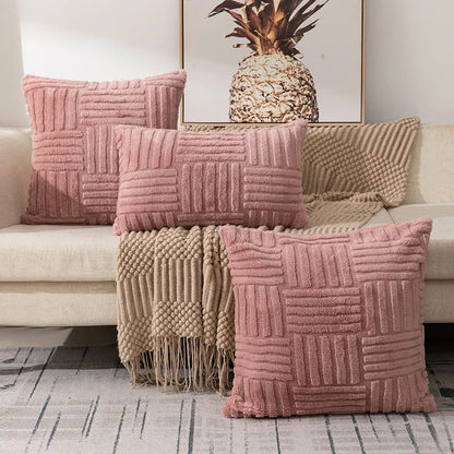 Plush Cushion Cover with Geometric Woven Pattern for Sofa and Bed