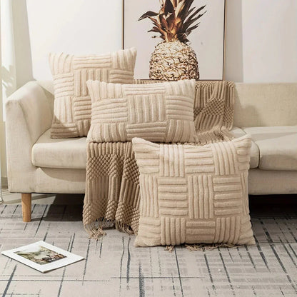Plush Cushion Cover with Geometric Woven Pattern for Sofa and Bed