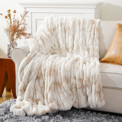 Plush Faux Fur Throw Blanket with Reversible 3D Ribbed Texture