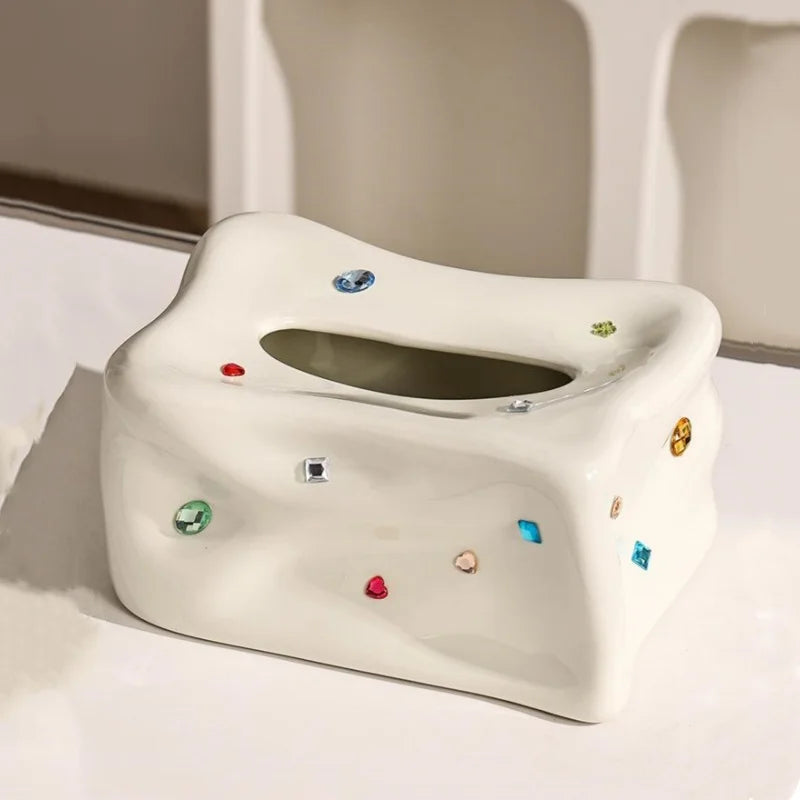 Porcelain Tissue Box with Heart-Shaped Gemstone Accent