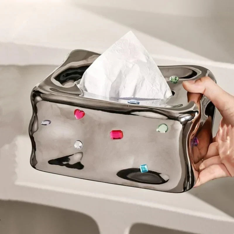 Porcelain Tissue Box with Heart-Shaped Gemstone Accent