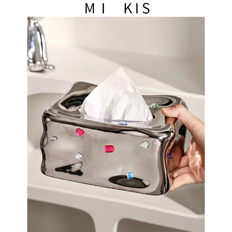 Porcelain Tissue Box with Heart-Shaped Gemstone Accent