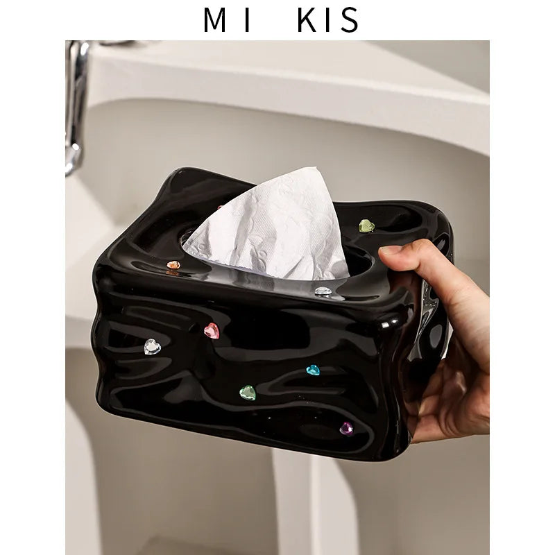 Porcelain Tissue Box with Heart-Shaped Gemstone Accent