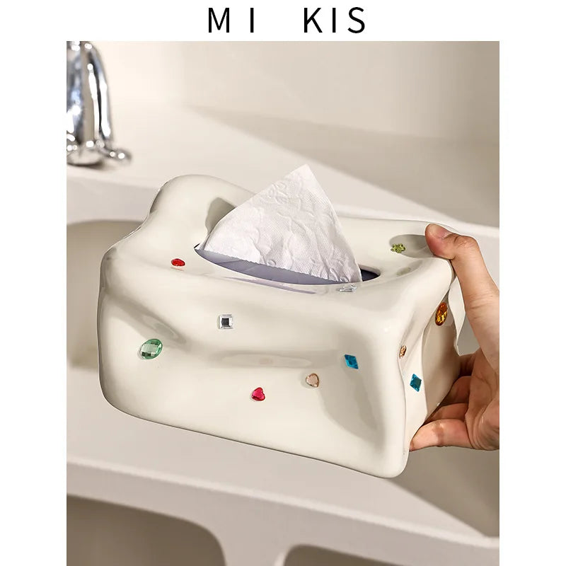 Porcelain Tissue Box with Heart-Shaped Gemstone Accent