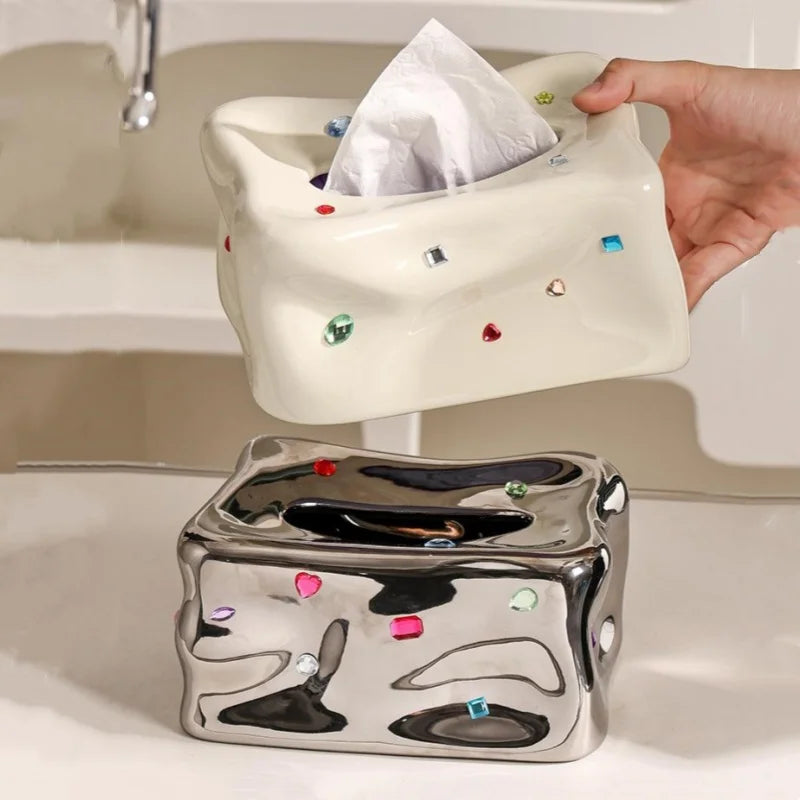 Porcelain Tissue Box with Heart-Shaped Gemstone Accent