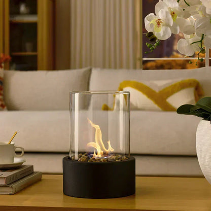 Portable Bio-Ethanol Table Fireplace with Smokeless Real Flame and Glass Shield