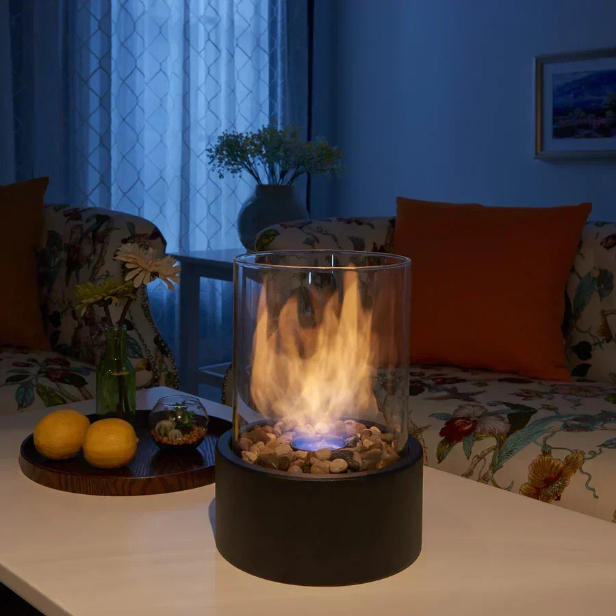 Portable Bio-Ethanol Table Fireplace with Smokeless Real Flame and Glass Shield