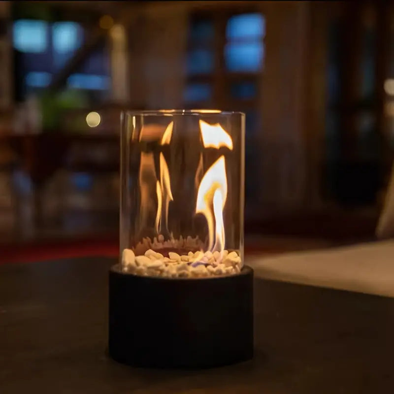 Portable Bio-Ethanol Table Fireplace with Smokeless Real Flame and Glass Shield