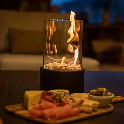 Portable Bio-Ethanol Table Fireplace with Smokeless Real Flame and Glass Shield