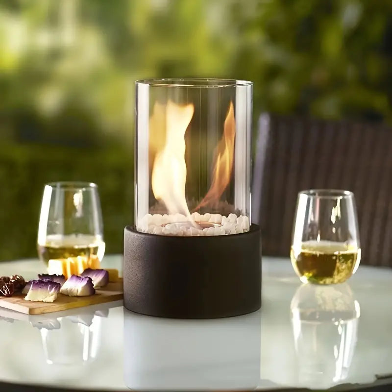 Portable Bio-Ethanol Table Fireplace with Smokeless Real Flame and Glass Shield