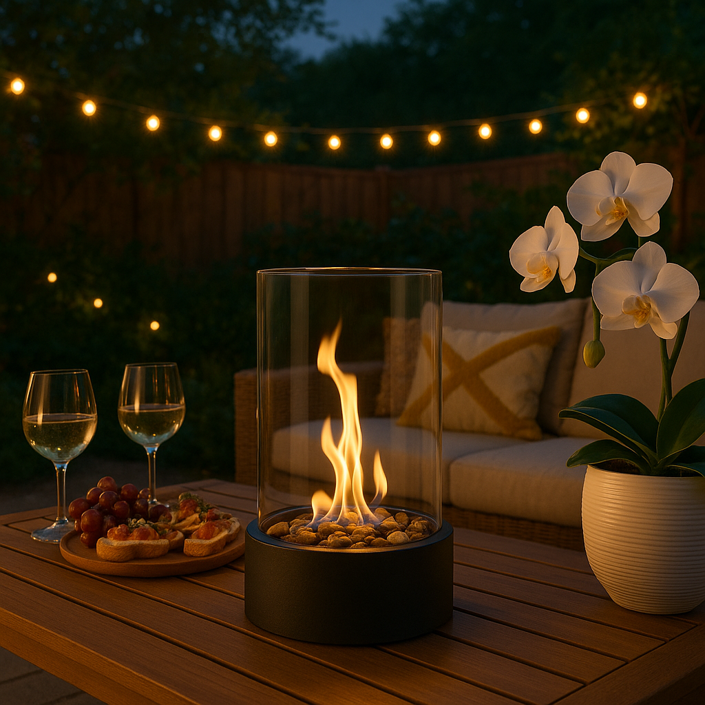 Portable Bio-Ethanol Table Fireplace with Smokeless Real Flame and Glass Shield